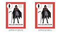 Black hooded cloak with wide, pointed edges; Grey and black distressed-look dress; Chain draped across the outfit; Black gloves;