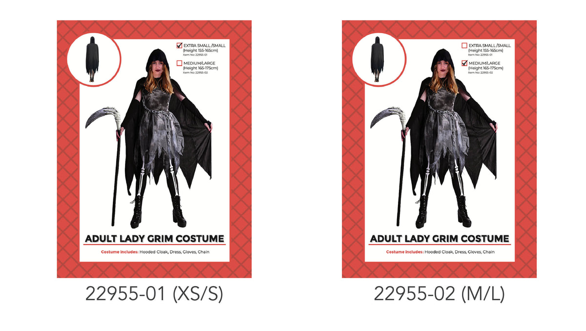 Black hooded cloak with wide, pointed edges; Grey and black distressed-look dress; Chain draped across the outfit; Black gloves;
