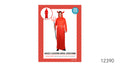 Long red robe; Attached hood with red horns; White waist tie; A trident is pictured alongside the costume;