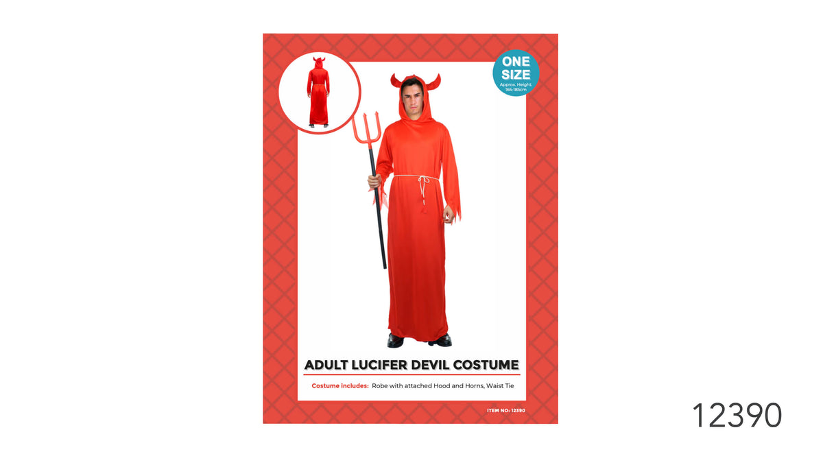 Long red robe; Attached hood with red horns; White waist tie; A trident is pictured alongside the costume;