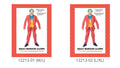 Maroon-red jacket and trousers; Blue shirt and yellow vest; Long jacket style; Costume packaging shows small/medium and large/extra large size options;
