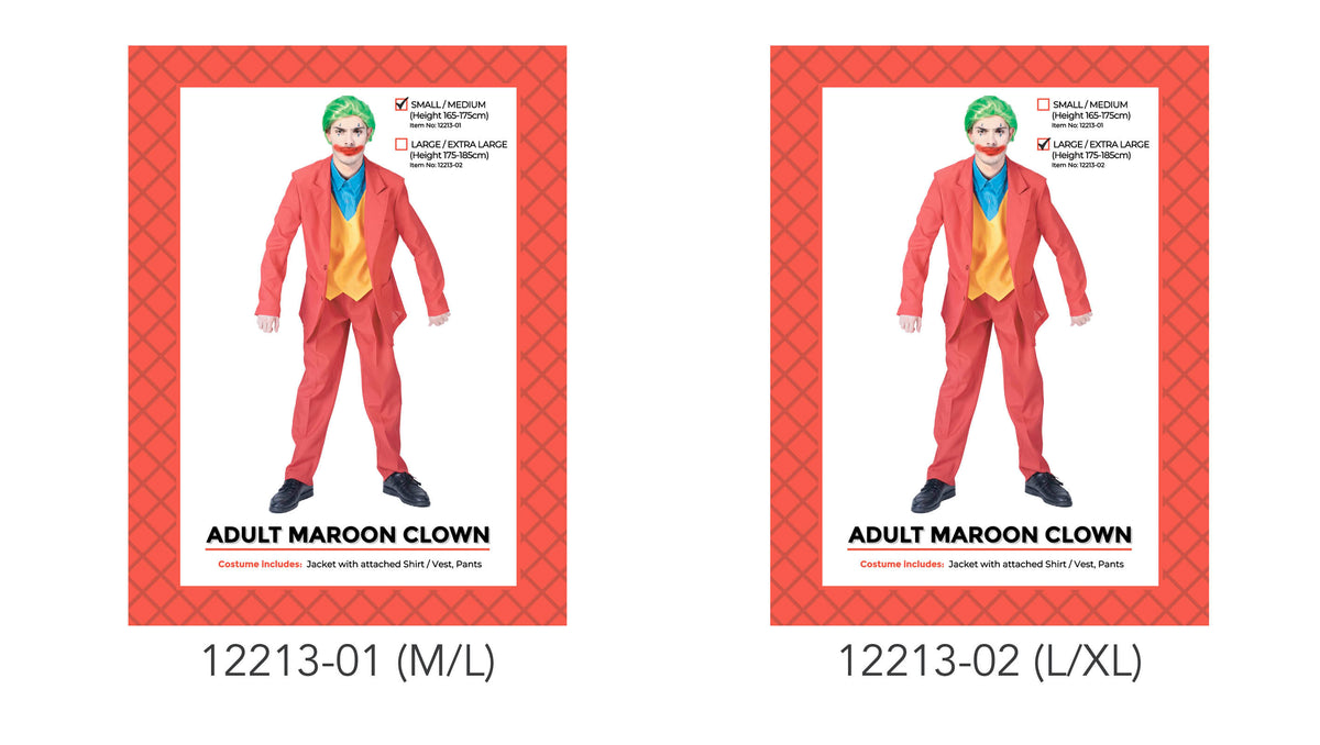 Maroon-red jacket and trousers; Blue shirt and yellow vest; Long jacket style; Costume packaging shows small/medium and large/extra large size options;