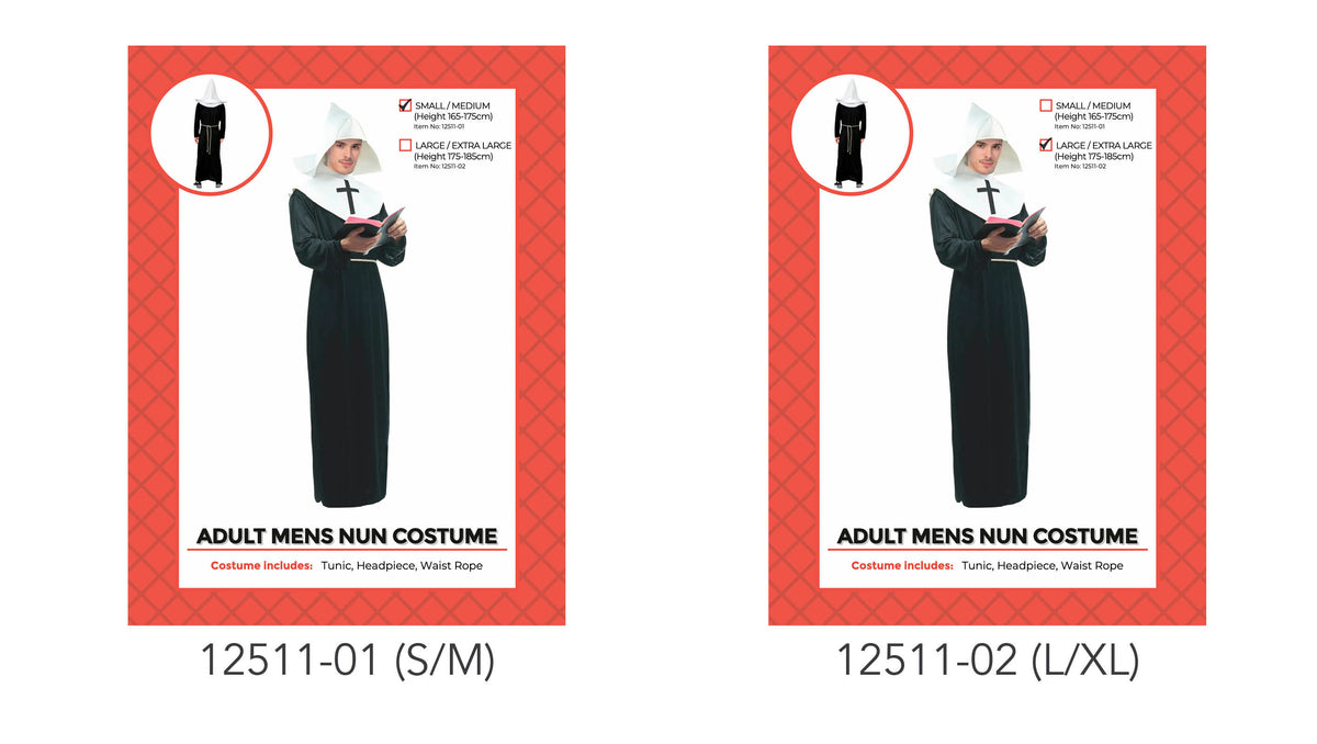 Long black robe-style tunic; White headpiece; White front panel with a black cross; Light-coloured waist rope;