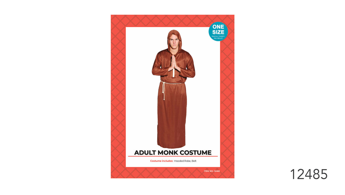 Brown hooded robe with long sleeves and a full-length hem; Light-coloured cord belt tied at the waist; Red patterned packaging with a one-size label;