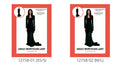 Black, long-sleeved dress; Fitted bodice with a V-shaped neckline; Floor-length skirt with a flared, trailing hem; Red and white costume packaging;