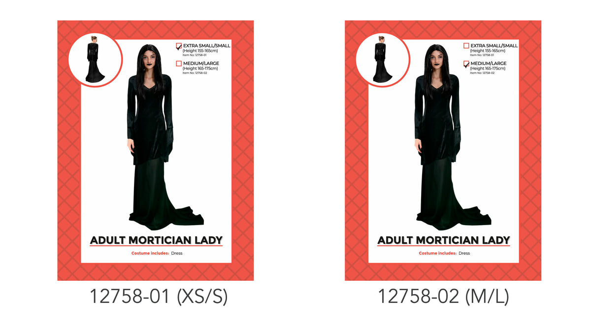 Black, long-sleeved dress; Fitted bodice with a V-shaped neckline; Floor-length skirt with a flared, trailing hem; Red and white costume packaging;
