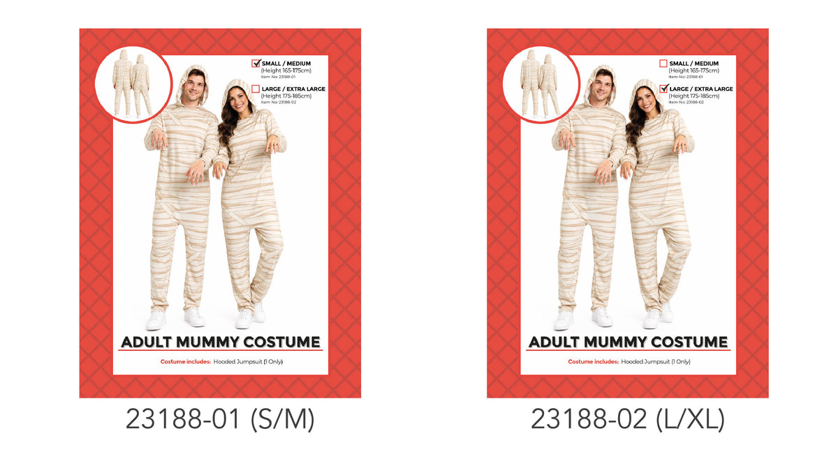 Cream-coloured hooded jumpsuit with beige bandage-style stripes; Full-length one-piece design with long sleeves and legs; Packaging shows the costume worn by adult models;