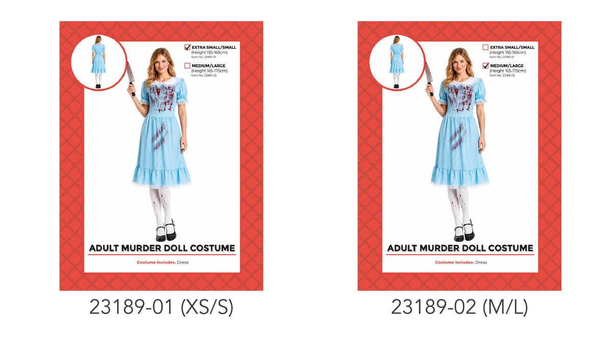 Light blue dress; Short puff sleeves with white trim; Blood-splatter print on the bodice and skirt; Ruffled hem;