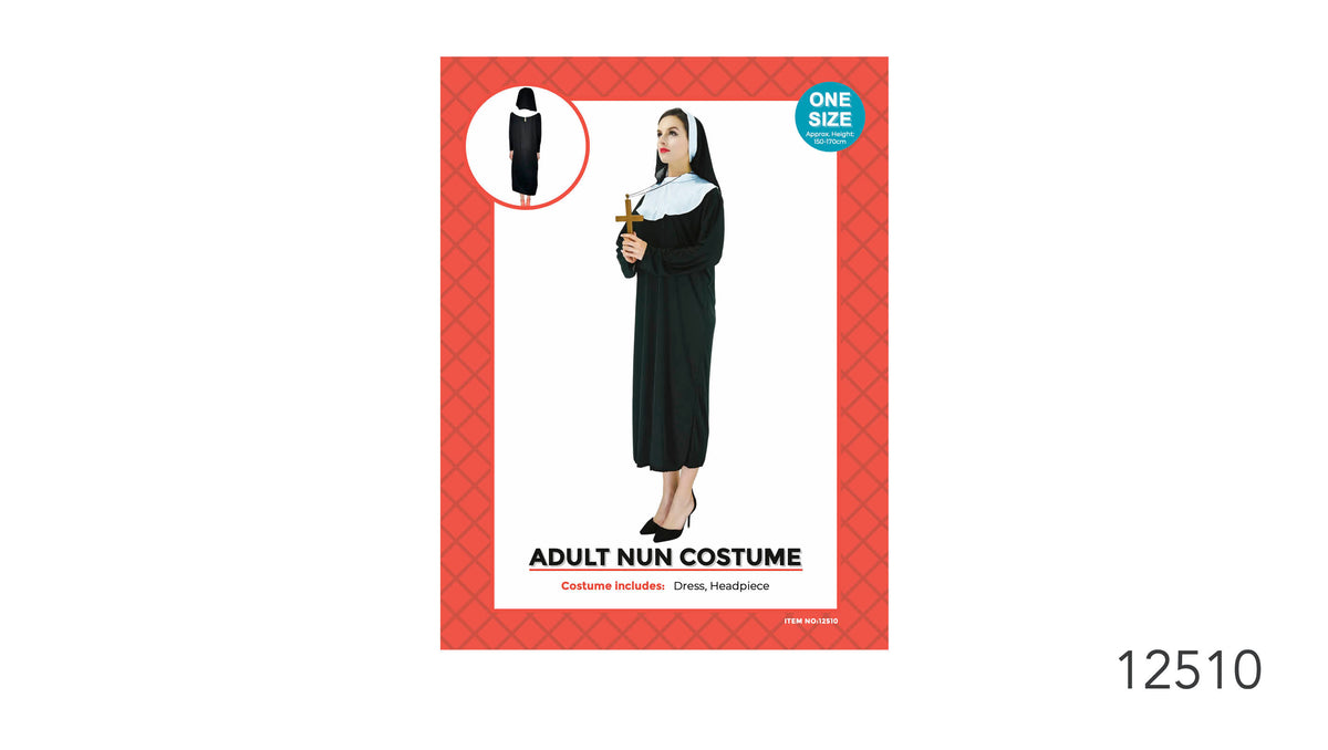 Long black robe-style dress; White collar detail and headpiece; Packaging states the costume includes a dress and headpiece; Packaging indicates one size for an approximate height of 150–170 cm;