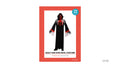 Long black tunic with a jagged hem; Black hood and one-eye face design; Red and grey accents on the chest and cuffs; Gloves shown with loose, pale fabric hanging from them;