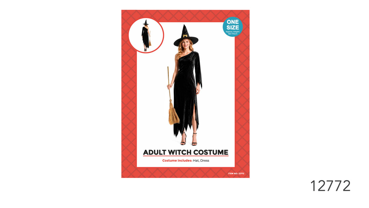 Black one-shoulder dress; Pointed black witch hat; Jagged dress hem; Red patterned packaging;