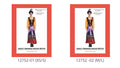 Long dress with orange sleeves; Black bodice with a lace-up style front; Purple, black and red patterned skirt; Costume shown on red patterned packaging;