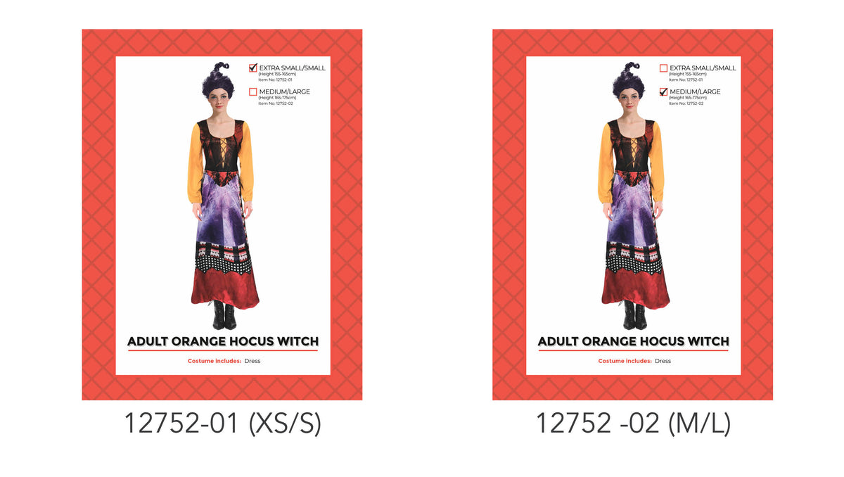 Long dress with orange sleeves; Black bodice with a lace-up style front; Purple, black and red patterned skirt; Costume shown on red patterned packaging;