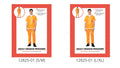 Bright orange short-sleeved top and matching trousers; White trim at the sleeves and hems; Badge detail attached to the top; Handcuffs shown hanging from the trousers;