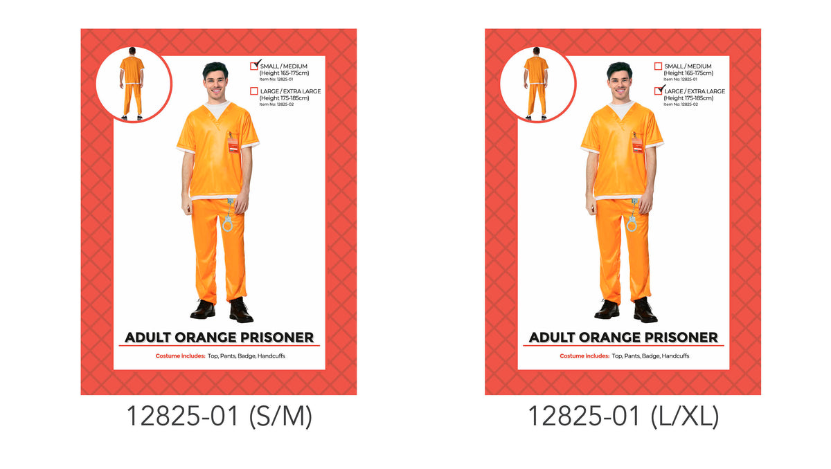 Bright orange short-sleeved top and matching trousers; White trim at the sleeves and hems; Badge detail attached to the top; Handcuffs shown hanging from the trousers;