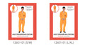 Bright orange, full-length jumpsuit; Black lettering on the chest; Collared neckline and long sleeves; Product packaging shows handcuffs included;