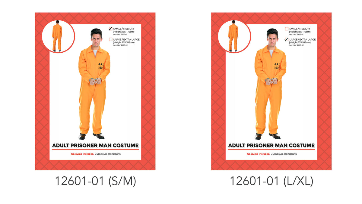 Bright orange, full-length jumpsuit; Black lettering on the chest; Collared neckline and long sleeves; Product packaging shows handcuffs included;