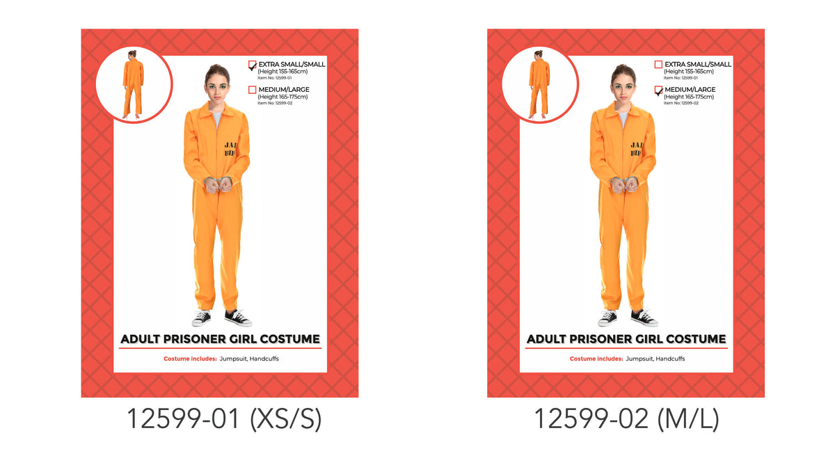 Bright orange, full-length jumpsuit; Collared neckline and long sleeves; Black lettering on the chest; Packaging shows the outfit with handcuffs;