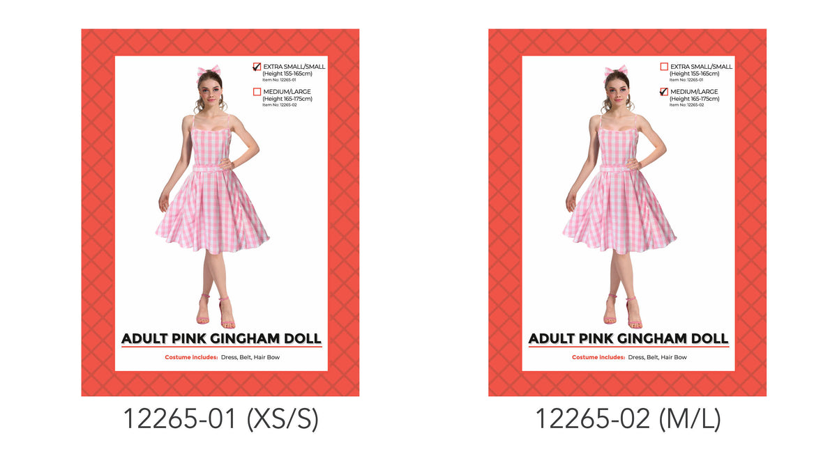 Pink and white gingham dress; Sleeveless bodice with shoulder straps; Full flared skirt with a matching belt; Pink gingham hair bow;
