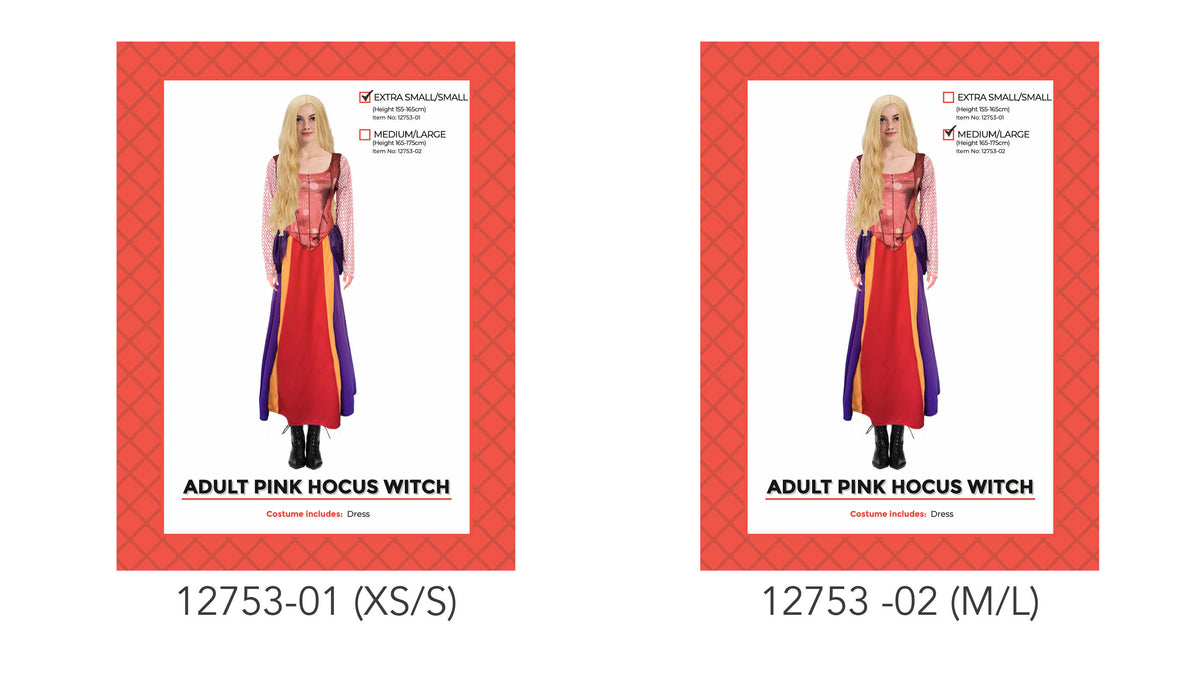 Pink patterned bodice and long sleeves; Long red skirt with purple and yellow panels; Costume shown on a red patterned product card;