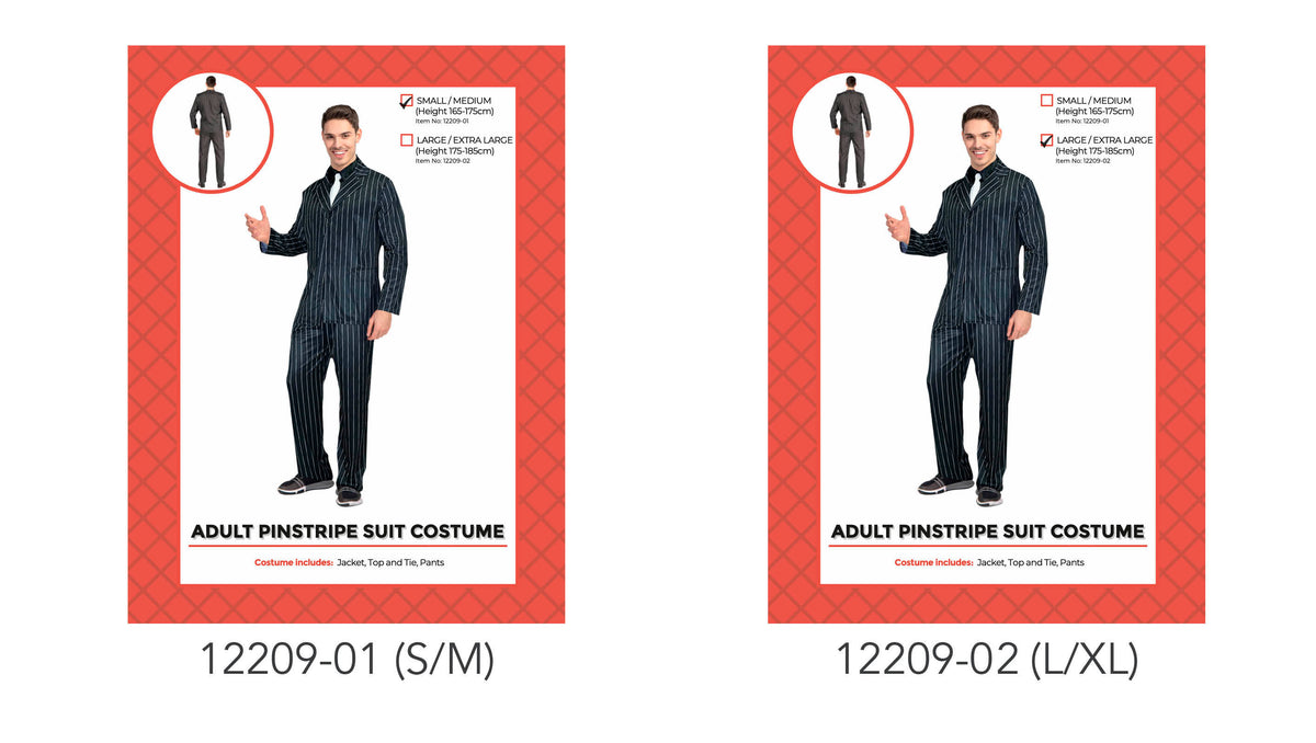 Dark suit with light vertical pinstripes; Matching long-sleeved jacket and trousers; White top and dark tie shown; Red and white product packaging;