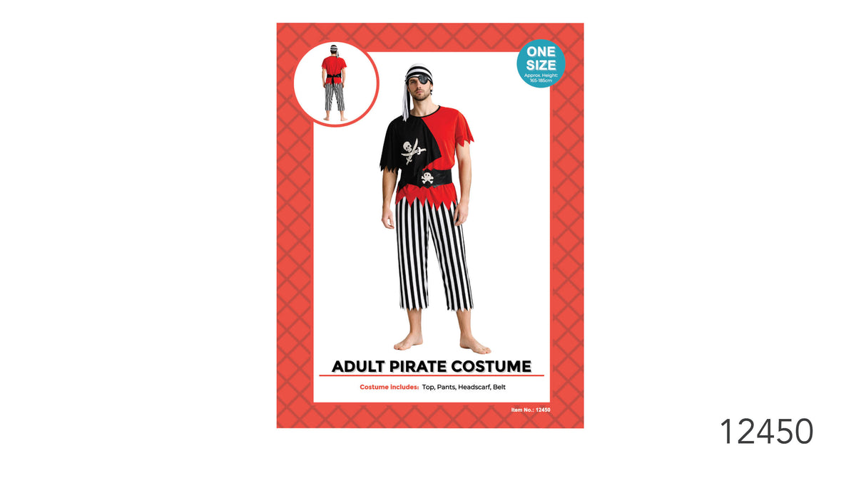 Red and black short-sleeved top with jagged edges; Black and white vertically striped trousers; Skull-and-crossbones details on the top and belt; Black and white striped headscarf;
