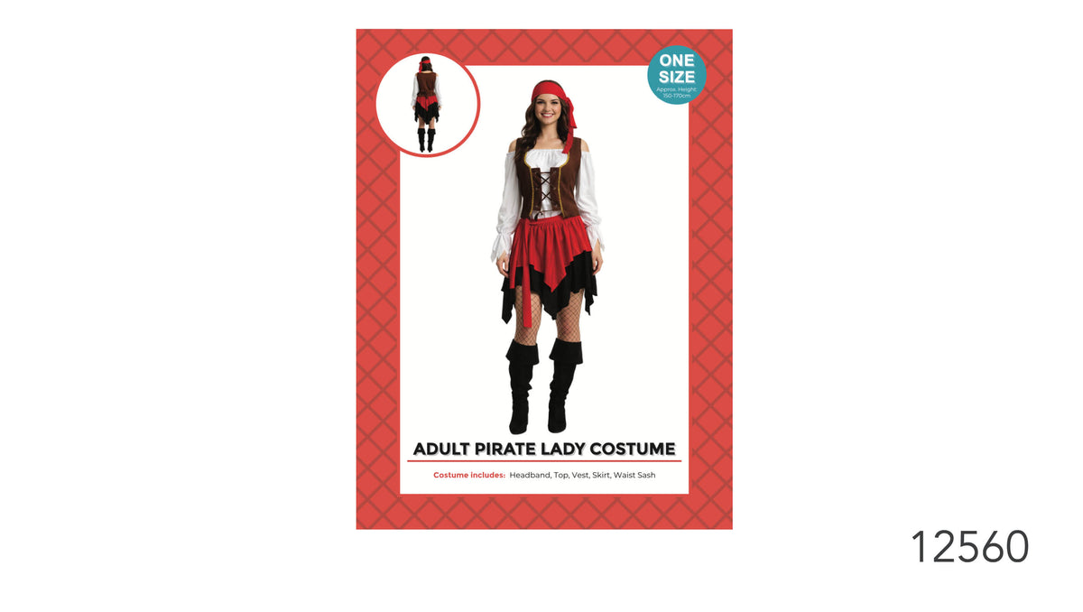 Red headband and waist sash; Brown lace-up vest over a white long-sleeved top; Layered red and black skirt; Pack image states one size and approximate height of 150–170 cm;