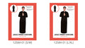 Long black robe; White collar detail; Full-length loose-fitting shape; Costume shown on red patterned packaging;