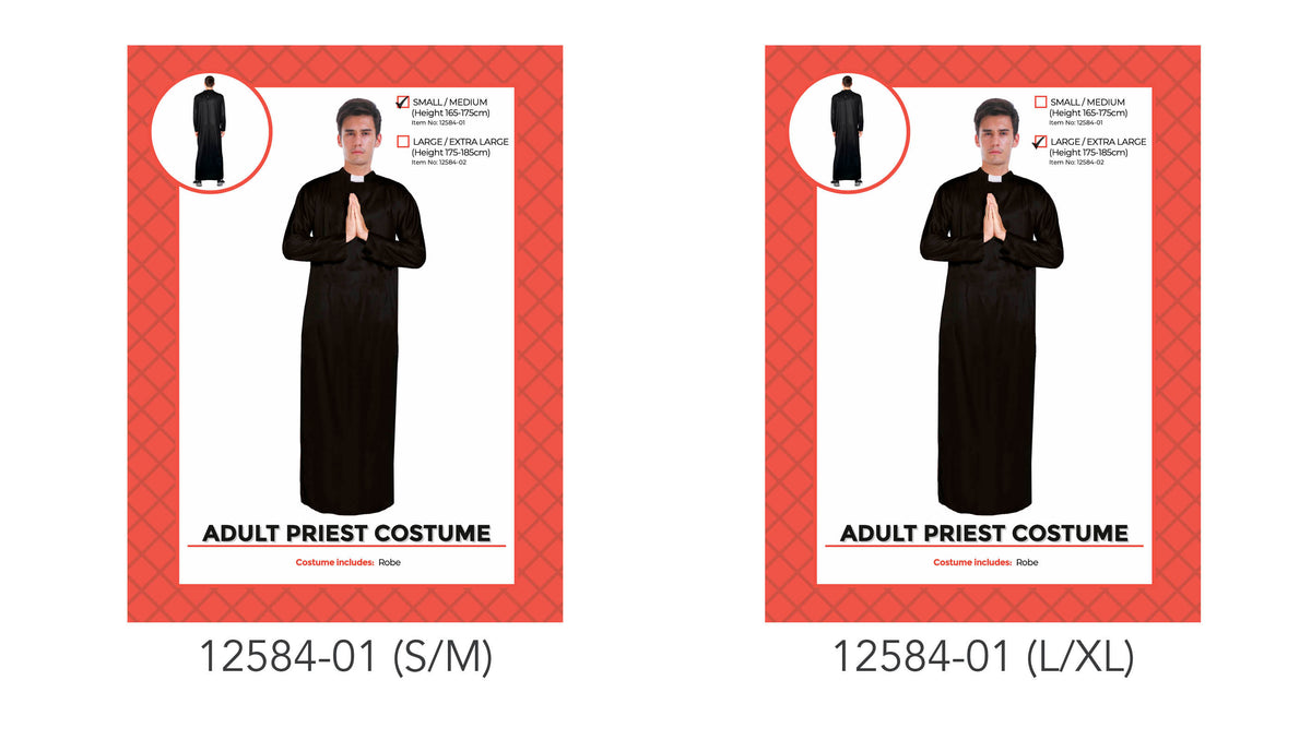 Long black robe; White collar detail; Full-length loose-fitting shape; Costume shown on red patterned packaging;