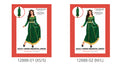 Long green dress with full-length skirt; Gold-coloured trim at the neckline, waist, cuffs and hem; Decorative gold-coloured pattern on the bodice; Green headband shown with the costume;