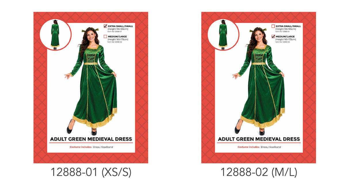 Long green dress with full-length skirt; Gold-coloured trim at the neckline, waist, cuffs and hem; Decorative gold-coloured pattern on the bodice; Green headband shown with the costume;
