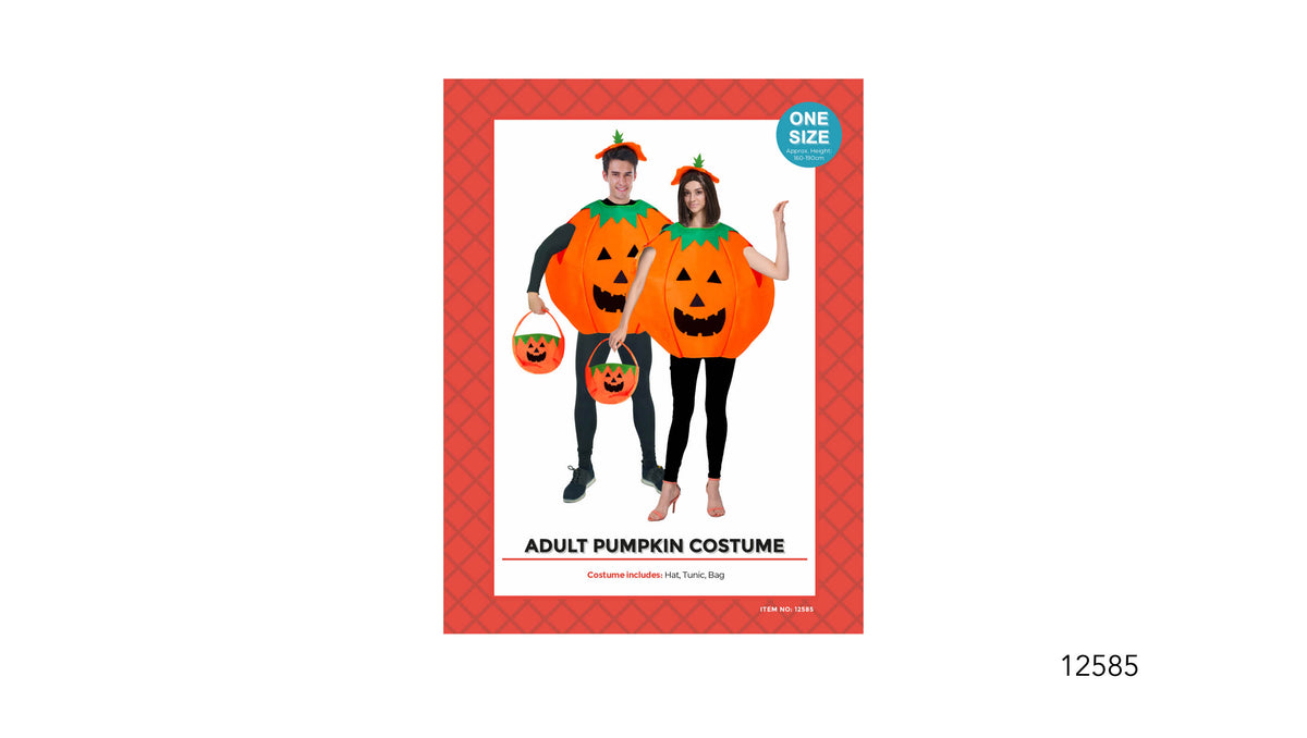 Bright orange pumpkin-shaped tunic with a black jack-o’-lantern face; Green collar detail and matching green-topped hat; Packaging shows the costume with an orange pumpkin bag;