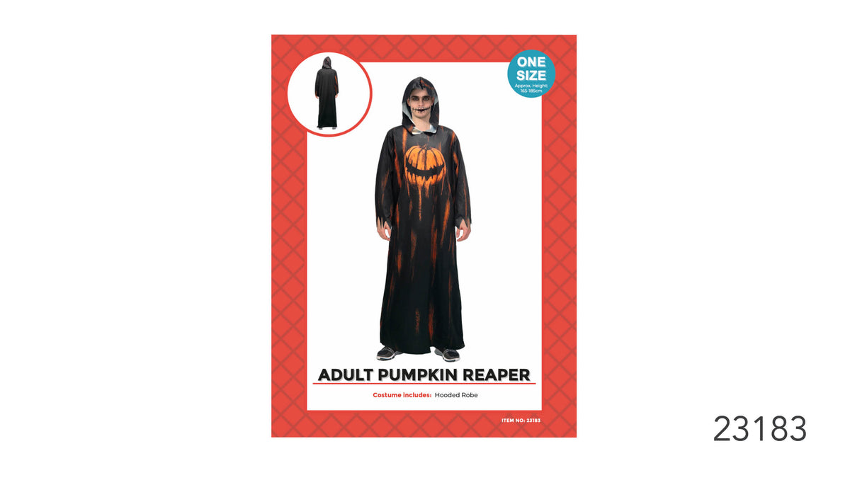 Long black hooded robe; Large orange pumpkin graphic on the front; Orange distressed-style markings on the robe; Red costume packaging with a one-size label;