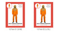 Bright orange full-length jumpsuit; Tan hood with a dark stitched-look face; Tan-coloured shoulder panel and fabric patches;
