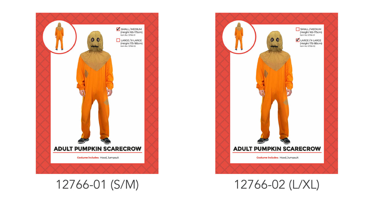 Bright orange full-length jumpsuit; Tan hood with a dark stitched-look face; Tan-coloured shoulder panel and fabric patches;