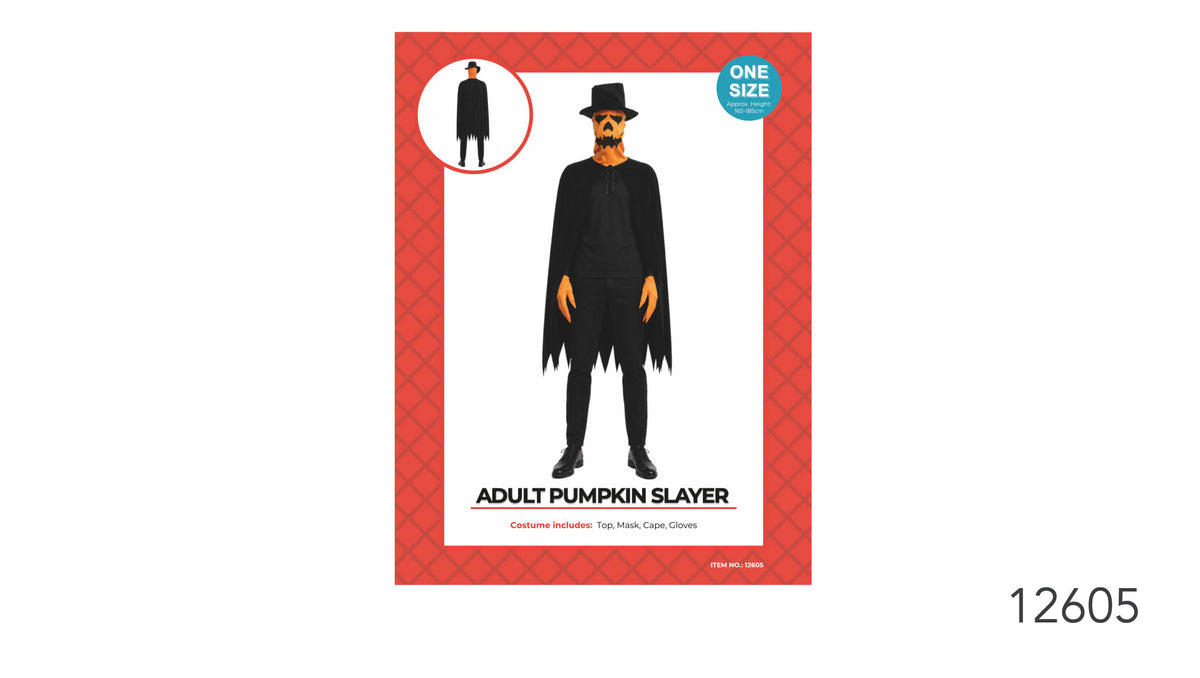 Black cape with a jagged hem; Orange pumpkin mask with black facial details; Black top hat shown with the mask; Red patterned product packaging;