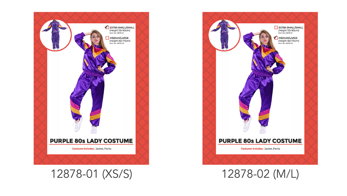 Purple jacket and pants; Yellow and pink colour-block panels; Glossy-looking fabric appearance; Long-sleeved jacket with matching trousers;