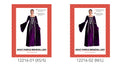 Floor-length purple dress; Long flared sleeves; Silver-toned decorative trim; White criss-cross lacing on the front;