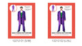Bright purple long jacket and matching trousers; Green vest visible beneath the jacket; Jacket has lapels and front pockets; Full-length trousers;