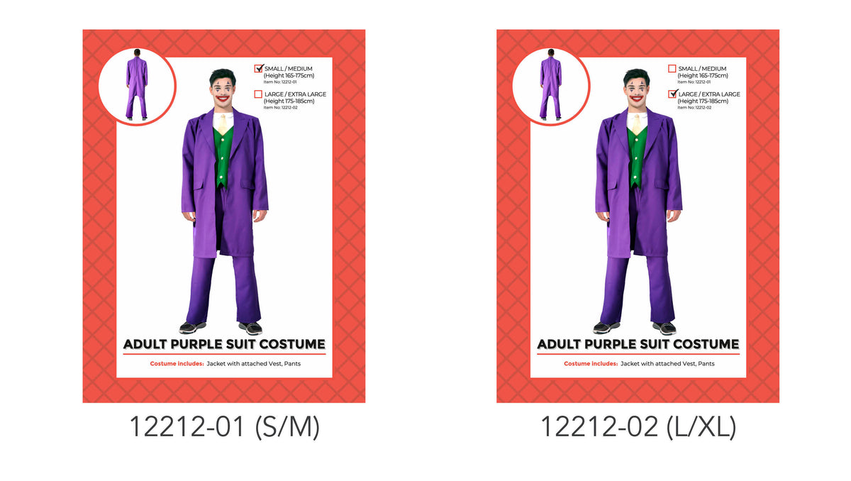 Bright purple long jacket and matching trousers; Green vest visible beneath the jacket; Jacket has lapels and front pockets; Full-length trousers;