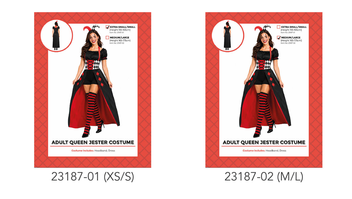 Black dress with red inner skirt lining; Black, white and red harlequin diamond details; Matching jester-style headband shown; Costume packaging states it includes a headband and dress;