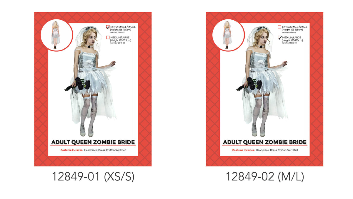 White and silver-toned short dress; Long, sheer veil; Black floral accents pictured; Red patterned packaging;