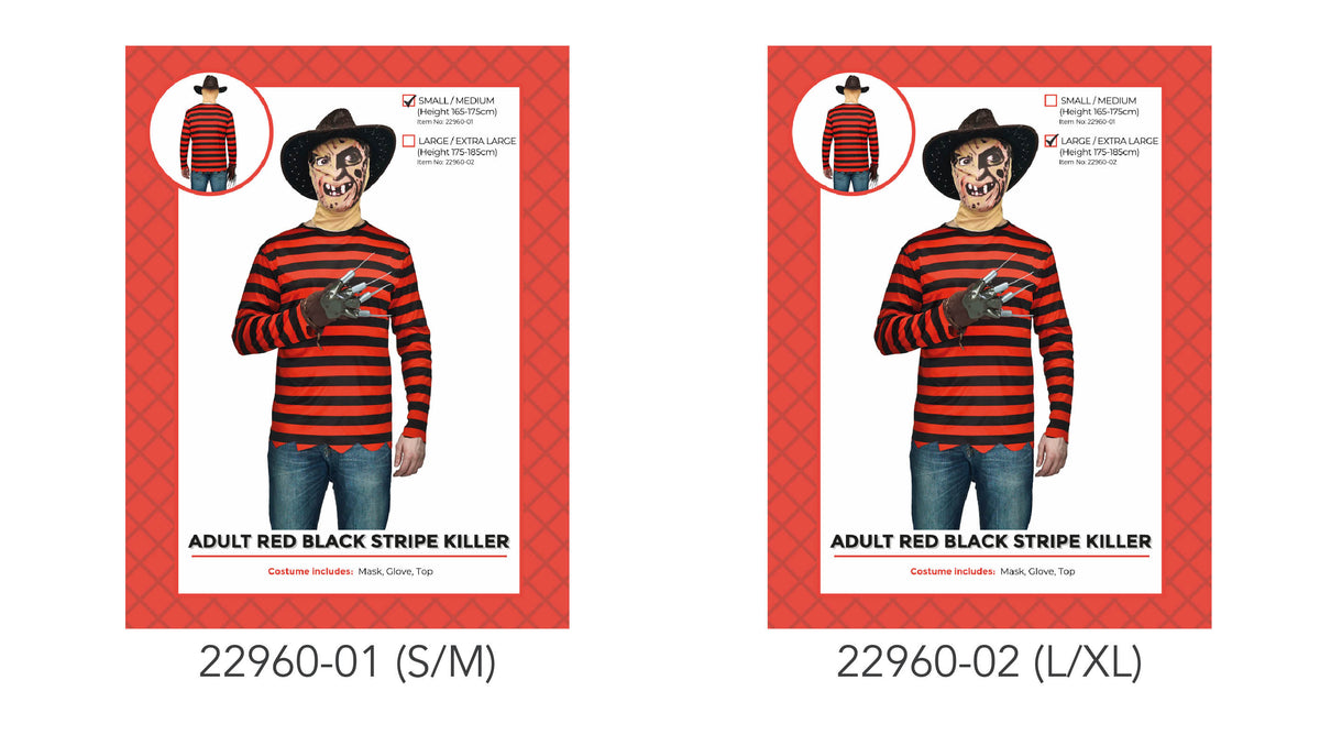 Red and black horizontal stripes on a long-sleeved top; Dark mask with a distressed face design; Glove with pointed metal-look finger pieces; Red patterned costume packaging;