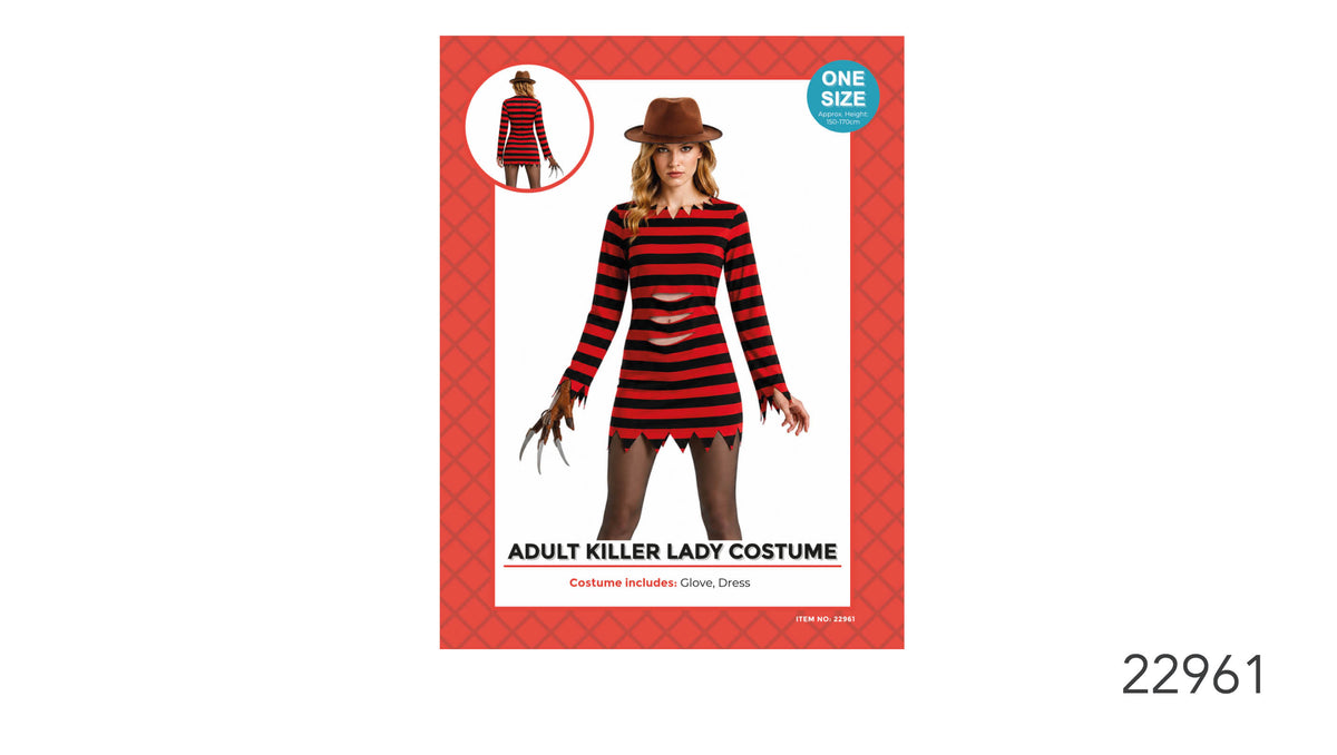 Red and black horizontal stripes on the dress; Long sleeves with jagged cuffs; Jagged trim at the neckline and hem; Packaging states the costume includes a glove and dress;