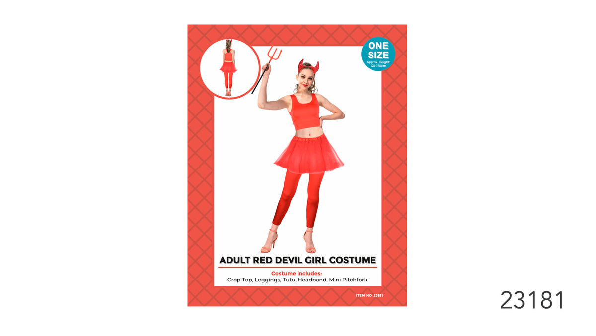 Red crop top and flared tutu shown with matching leggings; Red devil horn headband; Mini red pitchfork; Red patterned costume packaging;