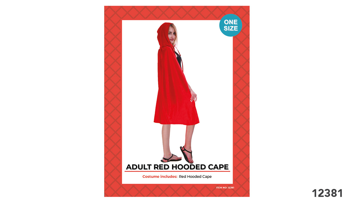 Bright red cape with an attached hood; Cape drapes to around the knees on the model; Packaging displays a one-size label;
