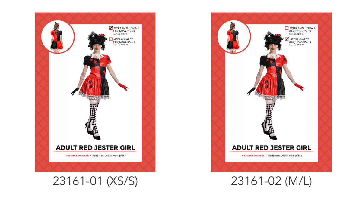 Red and black colour-blocked dress; Diamond-shaped accents on the dress; White collar and lace-look hem trim; Black curly jester-style headpiece;