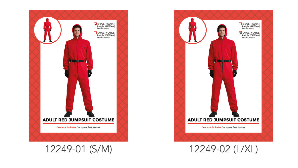 Bright red, full-length jumpsuit; Attached hood and black front zip; Black belt and gloves shown; Elasticated cuffs at the wrists and ankles;