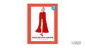 The packaging shows a long, bright red cape.; A white headpiece is shown on the model.; The costume is presented in a red patterned package.;