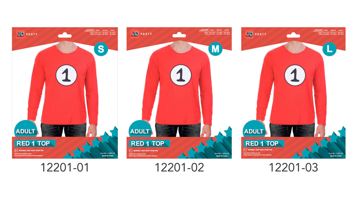 Bright red long sleeve top; White circular chest design with a black number 1; Round neckline and straight hem;